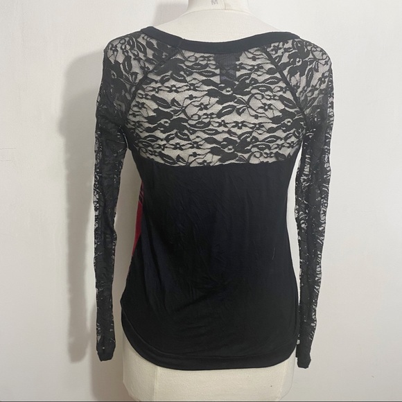 4/$25. RUE21 plaid chiffon semi sheer front lace sleeve solid back top. Medium. - Picture 6 of 9